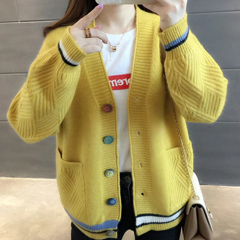 

New Knitted Ladies Sweater Casual Outwear Jumper V-neck Long Sleeve Single cardigan Breasted With Pockets Female Sweater 2021