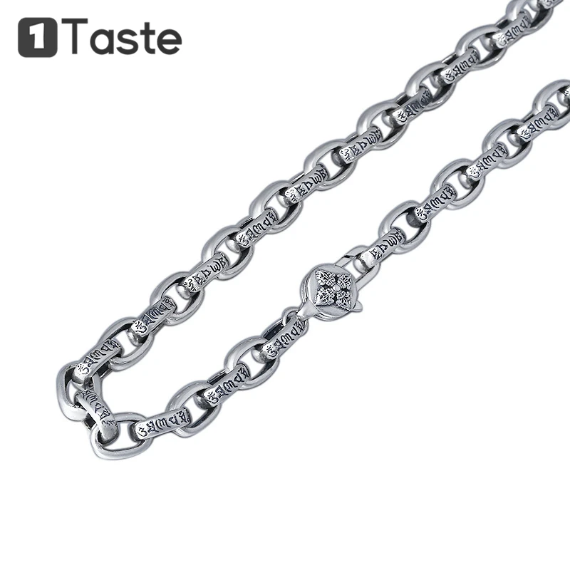 

ONE TASTE S925 Sterling Silver 8mm Rolo Chain Men's Necklace Carved Buddhism Mantra Thai Silver Vintage Trendy Fine Jewelry Gift