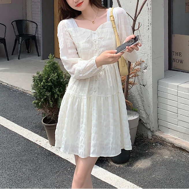 

Elegant V-neck Mini Dress Women Korean One Piece Y2K Vintage Chiffon Dress Casual Long Sleeve Evening Party Dress 2021 Autumn