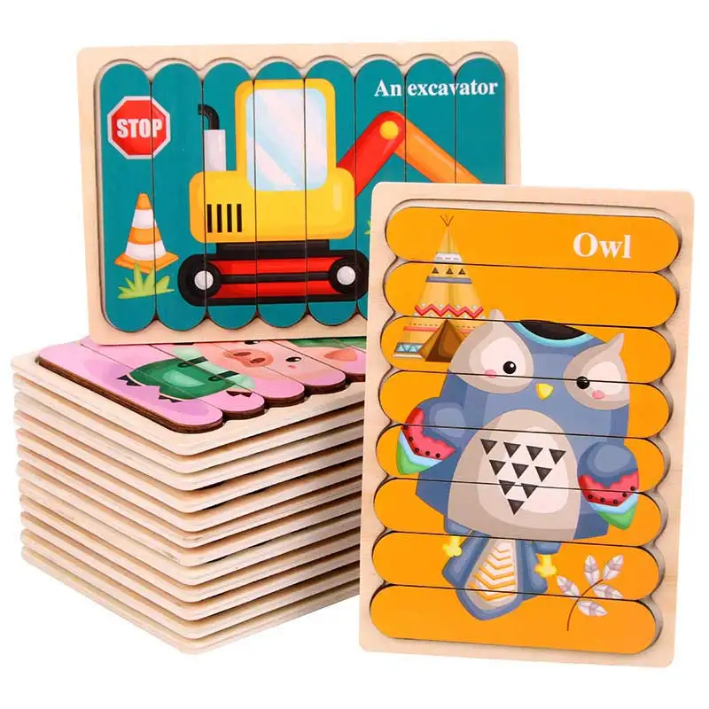 

3D Kids Animal Wooden Puzzle Montessori Toy Double-sided Strip Puzzle Telling Story Stacking Jigsaw Educational Toy For Children