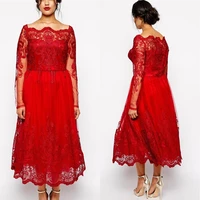Plus-size long sleeve new A-line red decal barto custom tulle evening dress ball evening dress formal dress