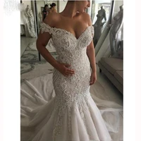 luxurious beading pearls crystal mermaid dress lace applique wedding dress off the shoulder bridal gown formal vestidos de noiva