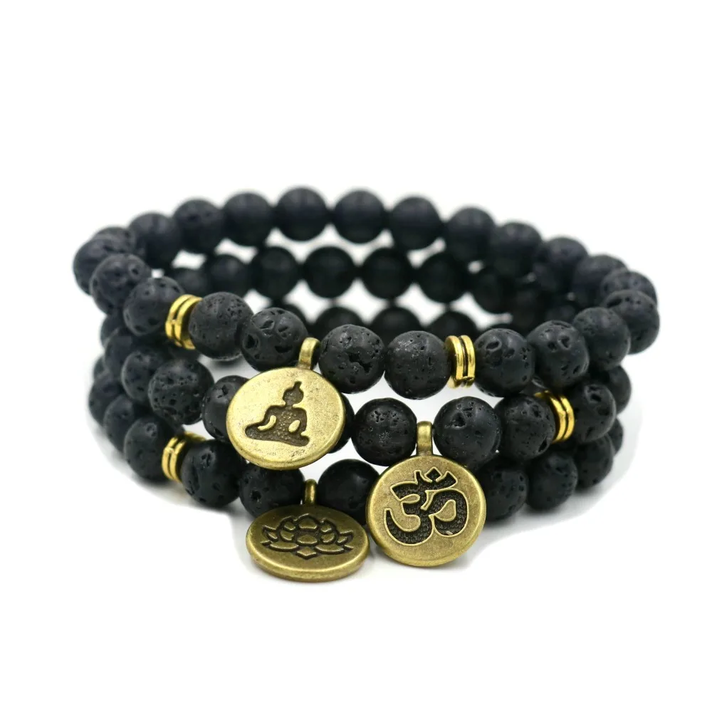 Природный Вулканический камень бусинки античные с золотой Лотос Будда браслет OM