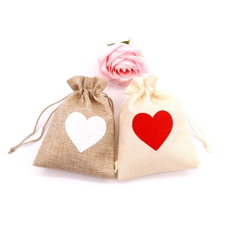 

Love Pattern Linen Pouch Organizer Romantic Cotton Storage Organizer Lovely Drawstring Bag Jewelry Packaging Bags Gift Pouches