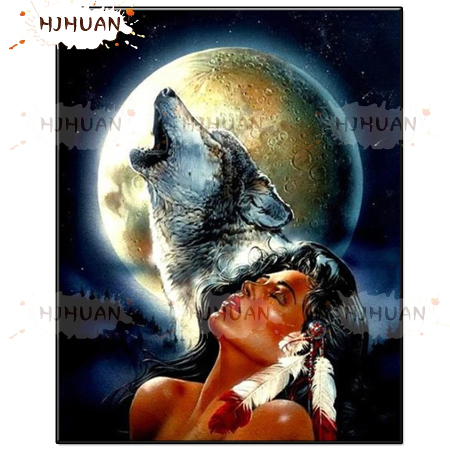 

DIY 5D Indian girl, wolf Diamond Painting Cross Stitch Kits Full round square Embroidery Mosaic Art Picture of Rhinestones Decor