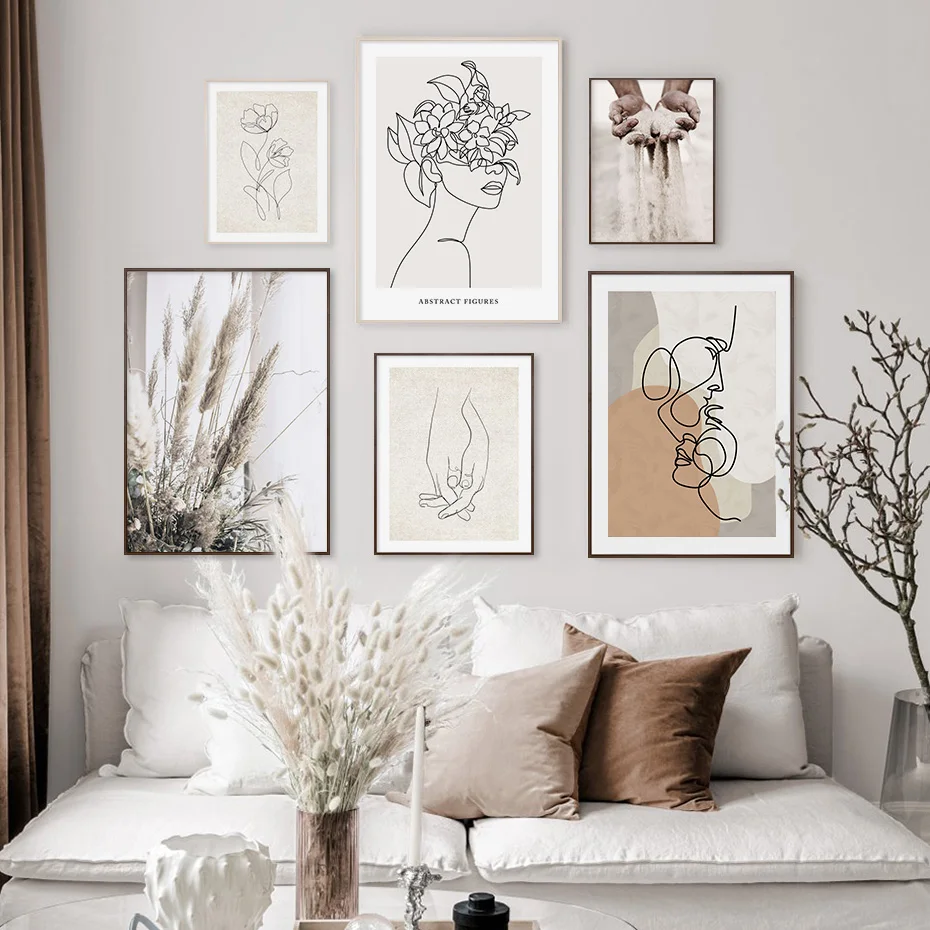 

Trendy Beige Boho Style Sketch Figure Abstract Canvas Painting Home Interior Decoration No Frame Wall Art Picture Living Room