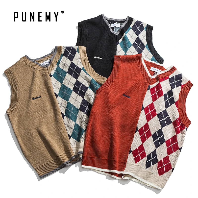 Мужские свитера без рукавов в стиле ретро с узором виде Аргайл акриловый