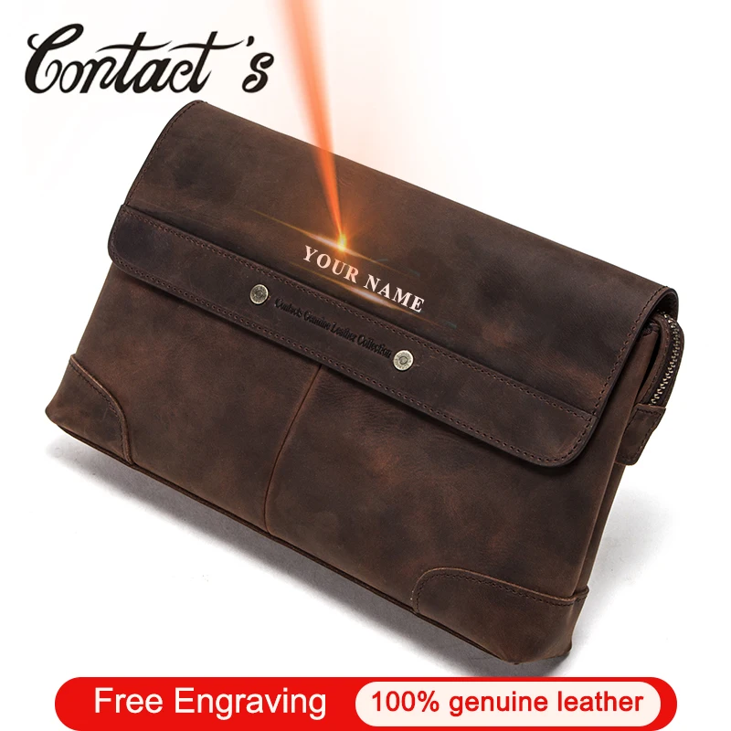 Contact's Free Engraving Crazy Horse Leather Men Wallet Vintage Long Clutch Bag Gift Male Travel Walets Coin Purses Card Holder