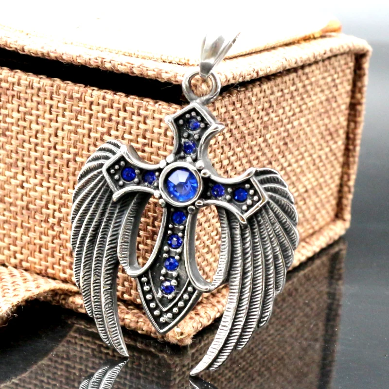 Blue KLDY ожерелье с кристаллами, нержавеющая сталь, крылья ангела, крест, кулон, Мужские Винтажные Ювелирные изделия, праздничные подарки, индивидуальные для мужчин и женщин - Окраска металла: Blue