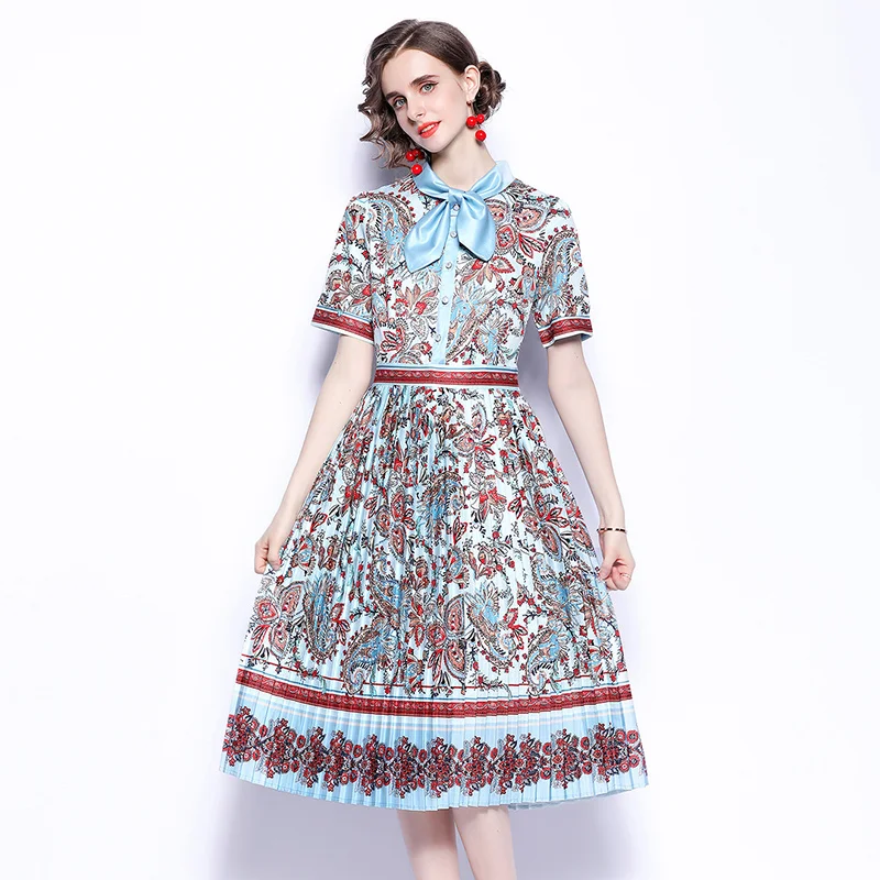 

2022 Summer Women's Dress French Palace Style Scarf Collar Printed Pleated Short Sleeve Dress New Slim Female Waist Dresses X784