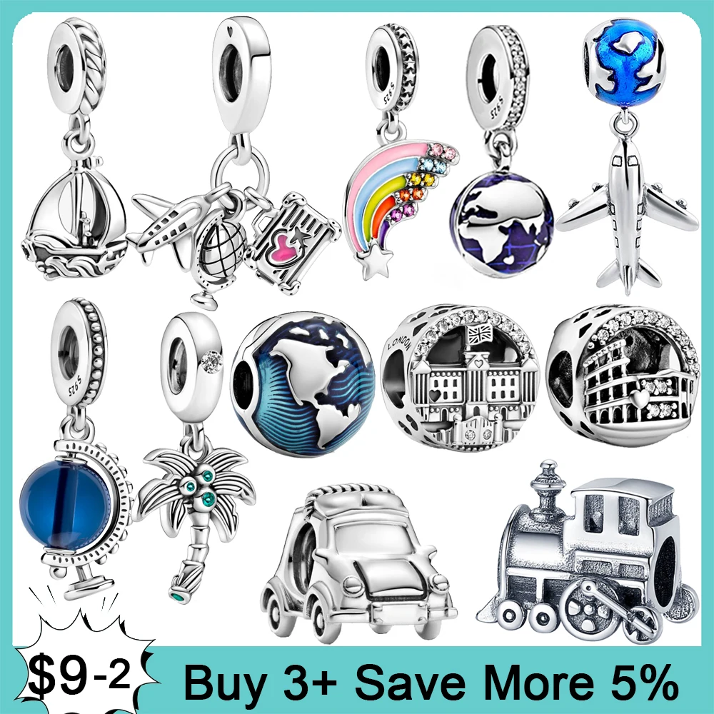

Real 925 Sterling Silver Charm Globe Travel Beads fit Original Pandora Bracelet Fine Silver Jewelry Making DIY Gift
