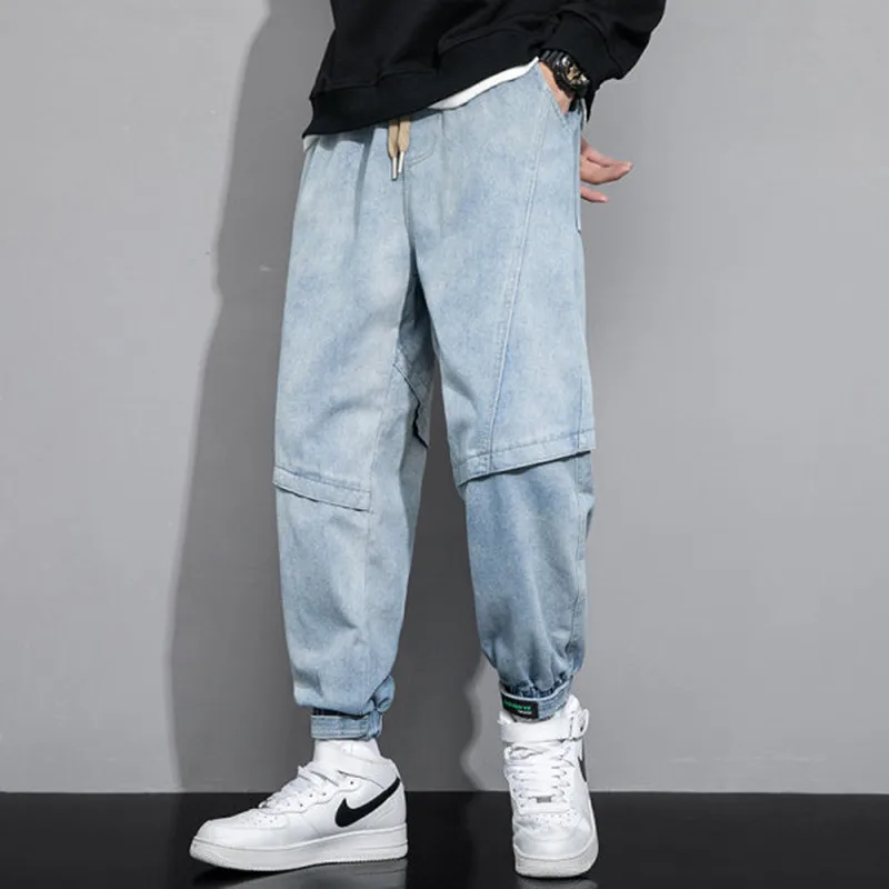 

Oversized Men's Stretch Waist Loose Cargo Jeans Classic Harem Boyfriendstyle Pants Spring 2022 Denim Trousers with Velcro Hem