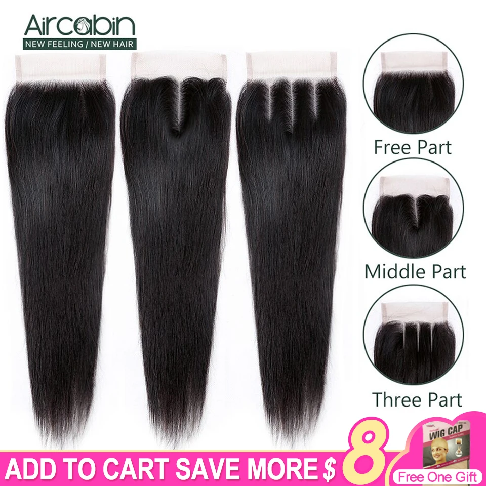 

Aircabin Hair Brazilian Straight 4x4 Closure Remy Hair Free/Middle/Three Part Human Hair Lace Closure 8"-20" Natural Color