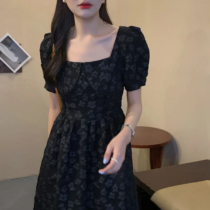 

Summer Korean Fashion Elegant Dress Women'S New 2021 French Vintage Square Neck Jacquard Beading High Waist Puff Sleeve Dresses