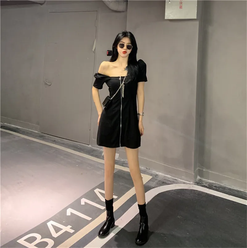 Dress 2020 new summer waist slimming square collar French front zipper sexy black dress short sleeve dresses for women | Женская одежда