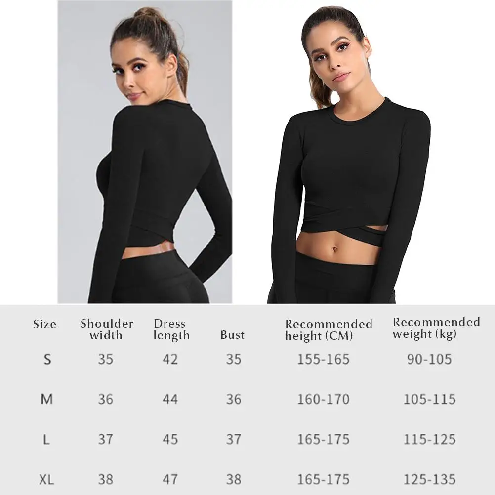 

Women Crew Neck T Shirt Black Crop Tops Tummy Cross Long Sleeve Sport T Shirts For Yoga Fitness Running Tshirts Tops Femme