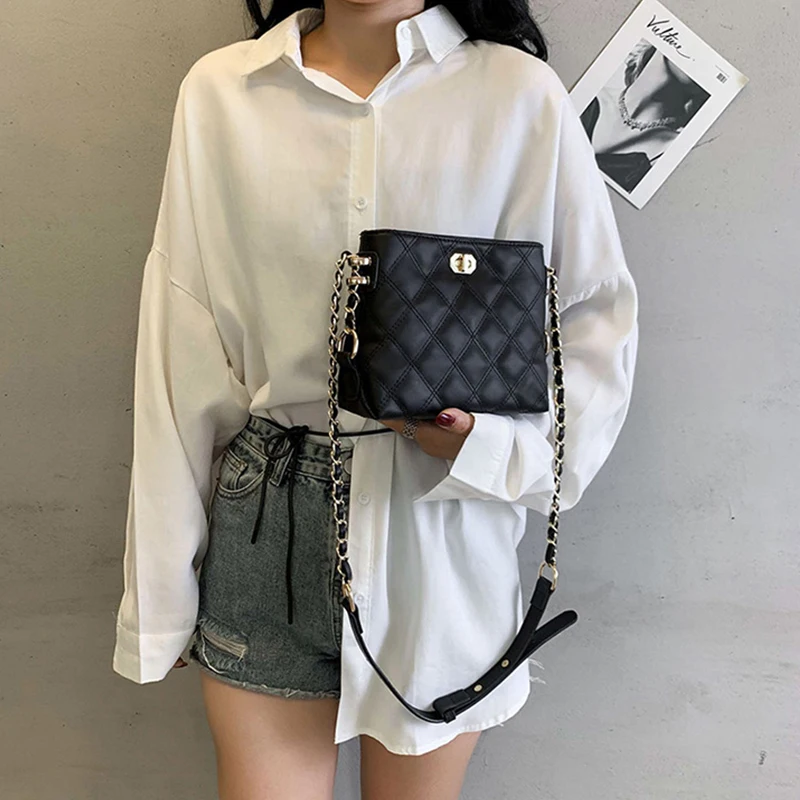 

Diamond Lattice Shoulder Bag Women PU Leather Bucket Bag Luxury Chain Crossbody Bag Advanced Female Handbag Lady Purse Bolso sac