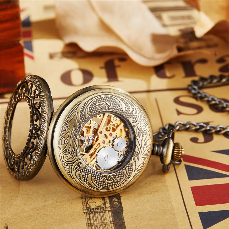 Ancient Antique Steampunk Mechanical Pocket Watch Necklace Hollow Skeleton Hand Wind Carved  Fob Watch Pendant Chain Men Women