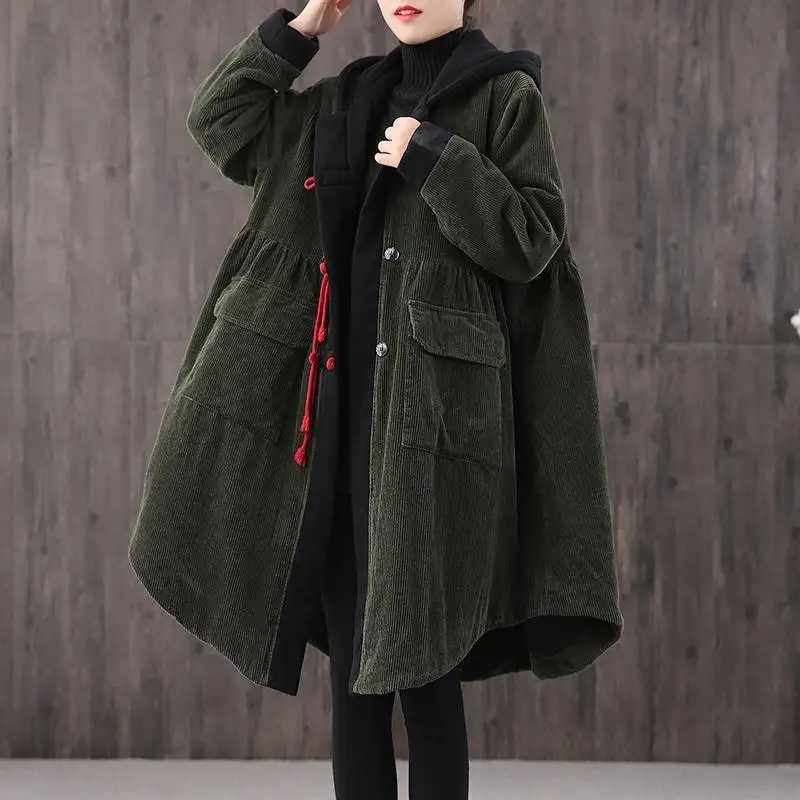 

Autumn Winter New Korean Loose Literary Retro Cotton Clothes Women Corduroy Thickened Medium Long Coat