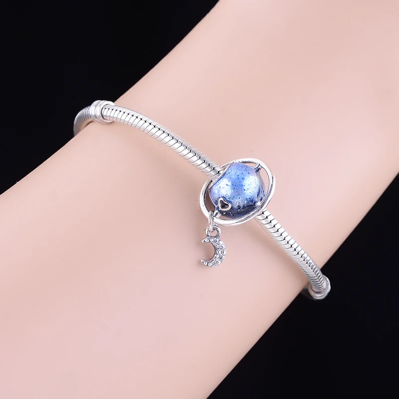 

925 Sterling Silver Blue Enamel Planet Heart Love Moon Beads Charms Fit Original Charms Bracelets Jewelry Making