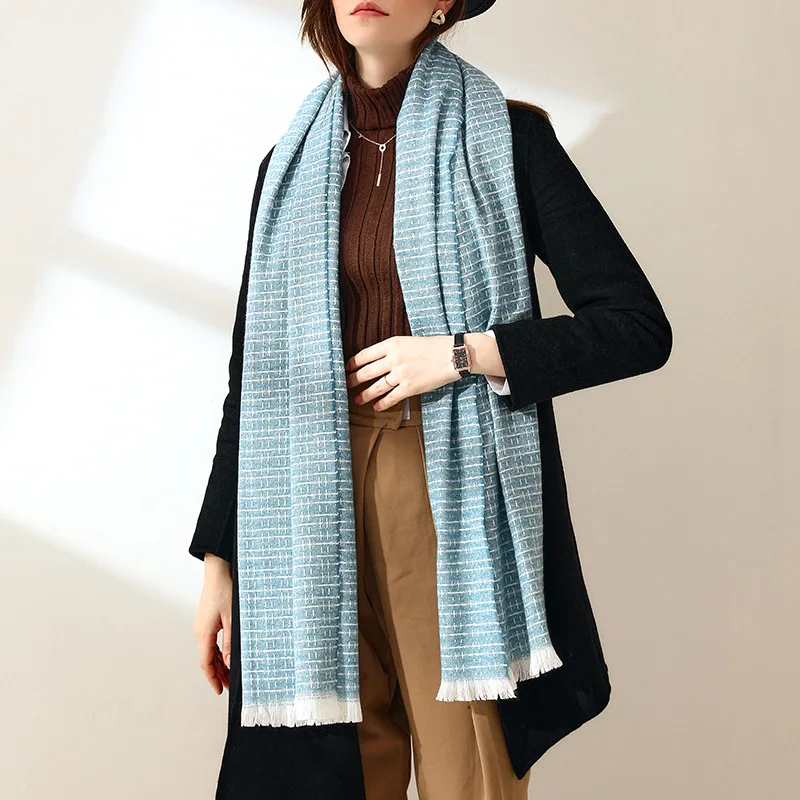

Women's Winter Imitation Cashmere Warm Scarf Shawl 2021 New Fashion Striped Plaid Fringed Wrap Long Scarf Wholesale