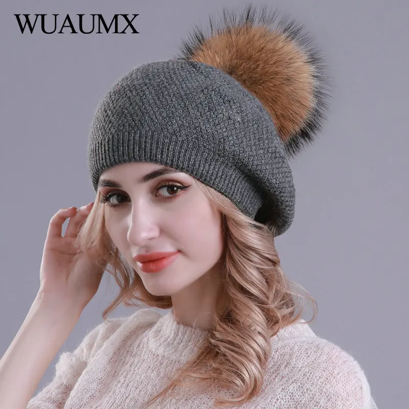 Wuaumx, модные зимние женские шапки, двойной слой, шерсть, вязаные шапочки, шапка, натуральный мех, помпон, шапки, теплые, Skullies, шапка для женщин