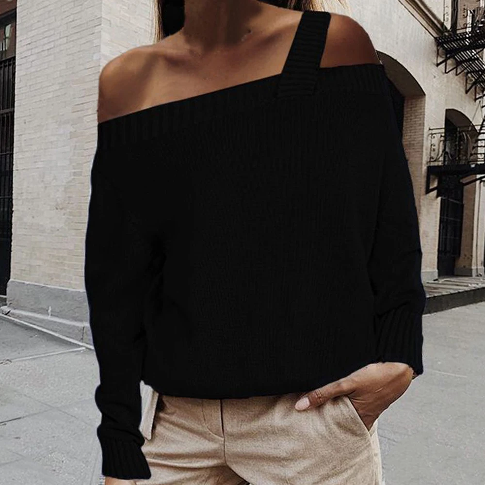Women Sexy Off Shoulder Knitted Straps Sweater Winter Autumn Long Sleeve Sweaters And Pullovers Ladies Solid Color Tops | Женская одежда