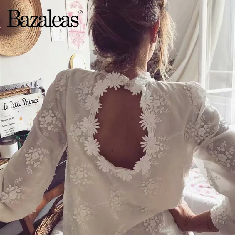 Женская кружевная блузка Bazaleas элегантная ажурная белого цвета с открытой спиной