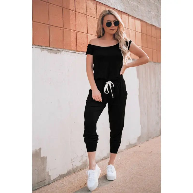 

Women Clubwear Jumpsuit Short Sleeve Off Shoulder Female High Waist Sexy Jumpsuit Cotton Long Trousers
