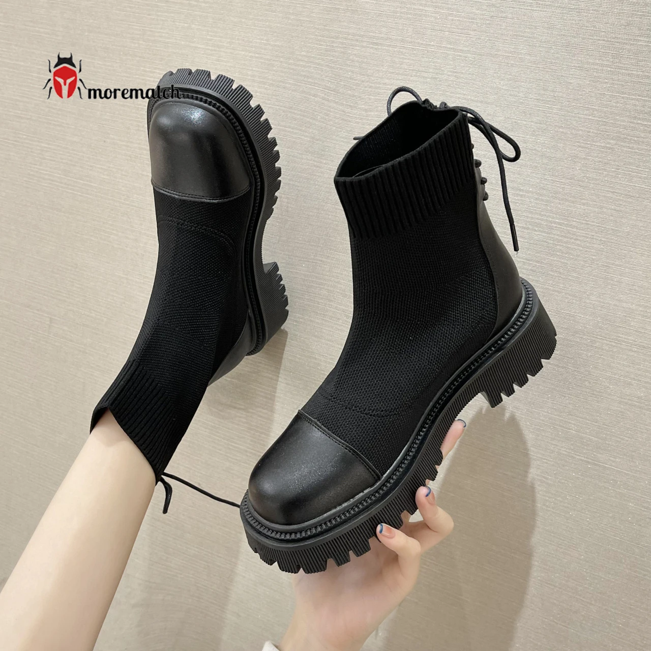

New 2021 Women Ankle Boots Female Chelsea Boots Platform Leather Chunky Heels Shoes Ladies Knitted Ankle Straped Casual Boot