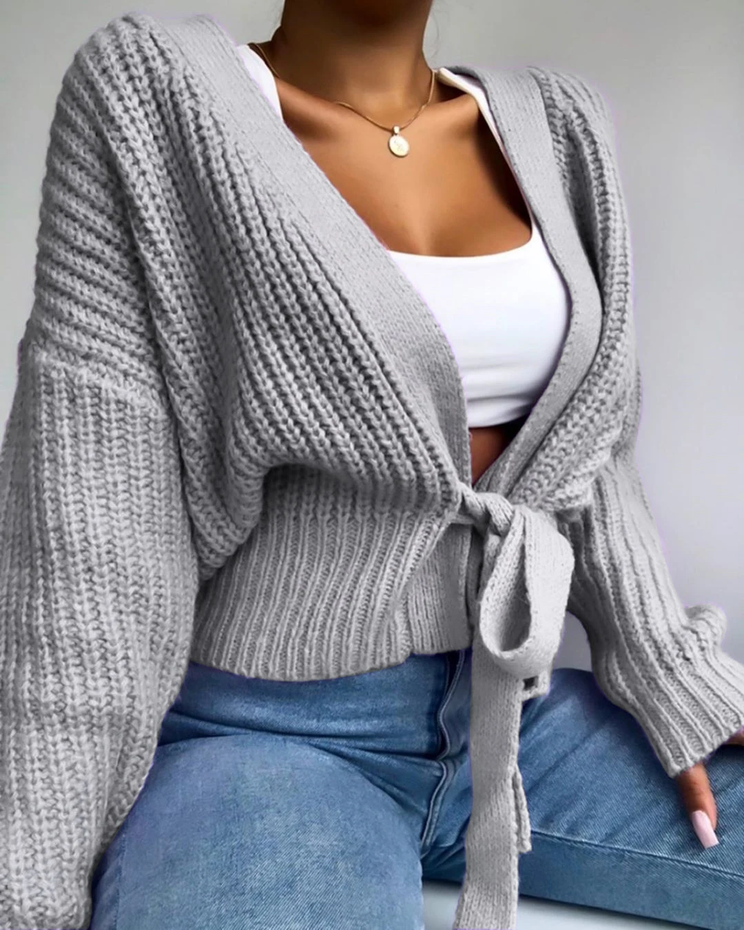 

Fall Women's Pullovers Knit Solid V-Neck Sweater Bow Bandage Jumpers Lattern Sleeve Knitted Coat Loose Crop Cardigan Sweatshirts