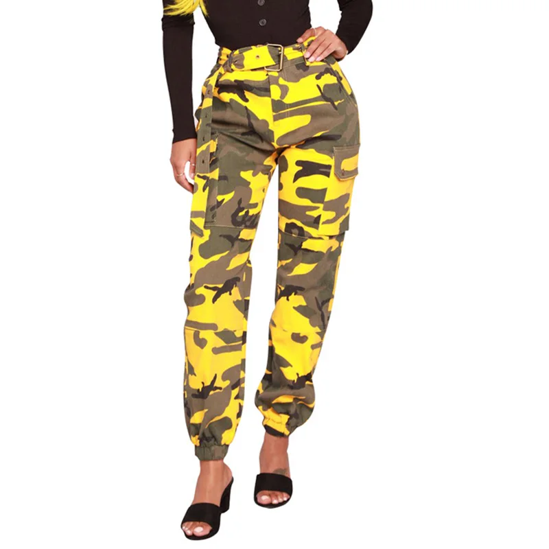 

CHSDCSI High-RiseAnklePants Hip Hop Women Camouflage Pockets Army Green Belt Patchwork Sweatpants Sexy Trousers
