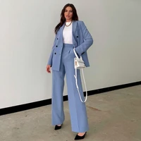 2021 spring new two piece set suit blue double breasted blazer casual straight trousers elegant fashion chic womens clothes