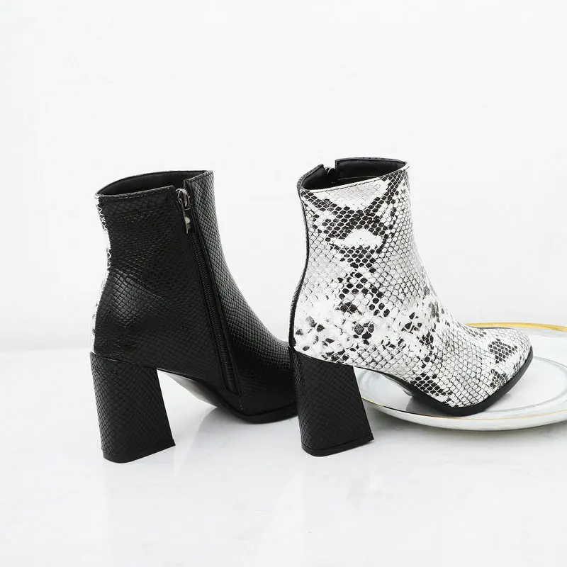 

Snake Pu Leather Fashion Autumn Winter Women Boots Square High Heel Pointed Toe Women Boots Mixed Color Zipper Party Ladies Boot