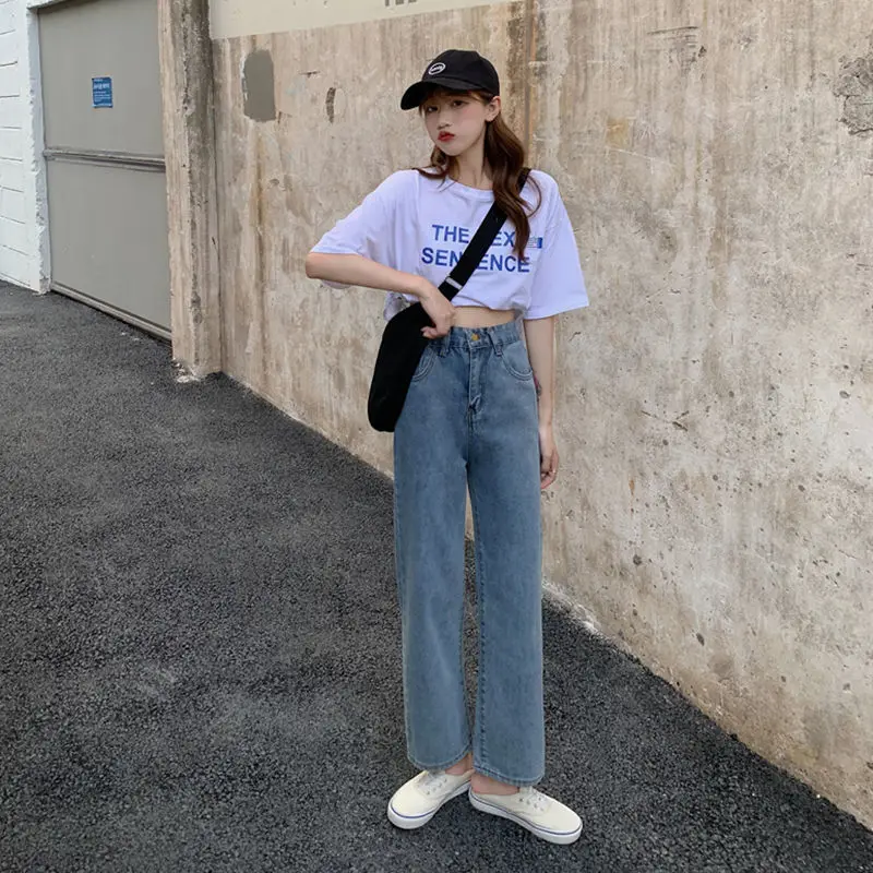 Джинсы женские свободные универсальные на молнии прямые синие стильные брюки из