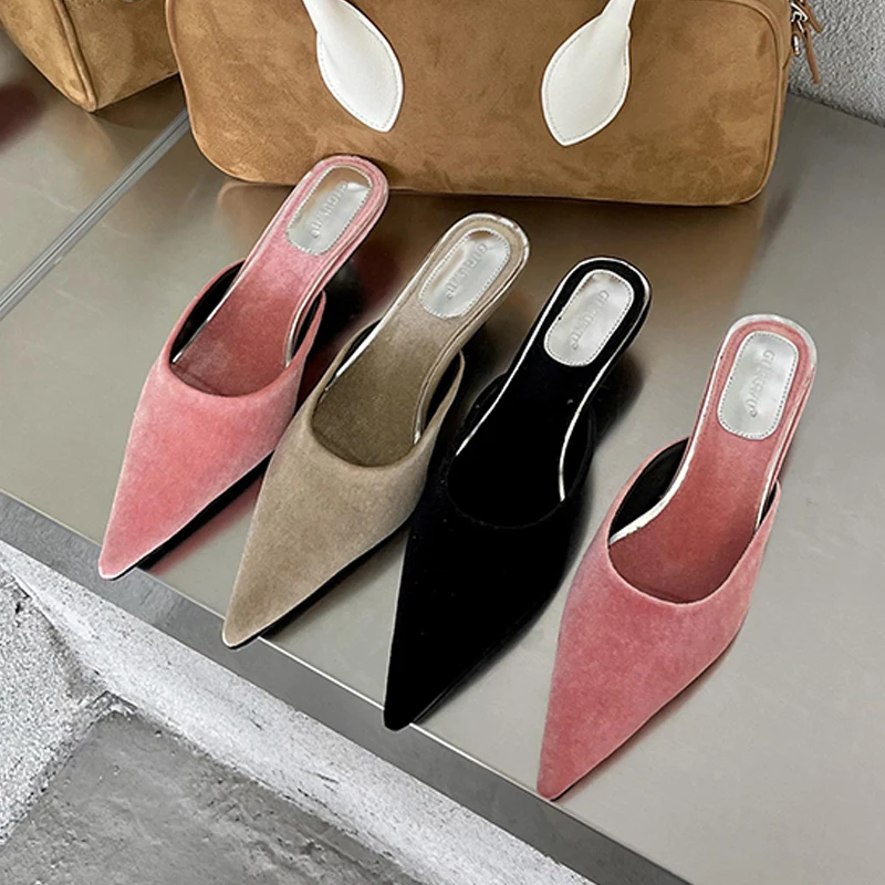

2021 Women Slippers Spring Thin Low Heels Mules Slippers Sandals Shoes Elegant Pointed Toe Ladies Heel Slides Slippers Shoes
