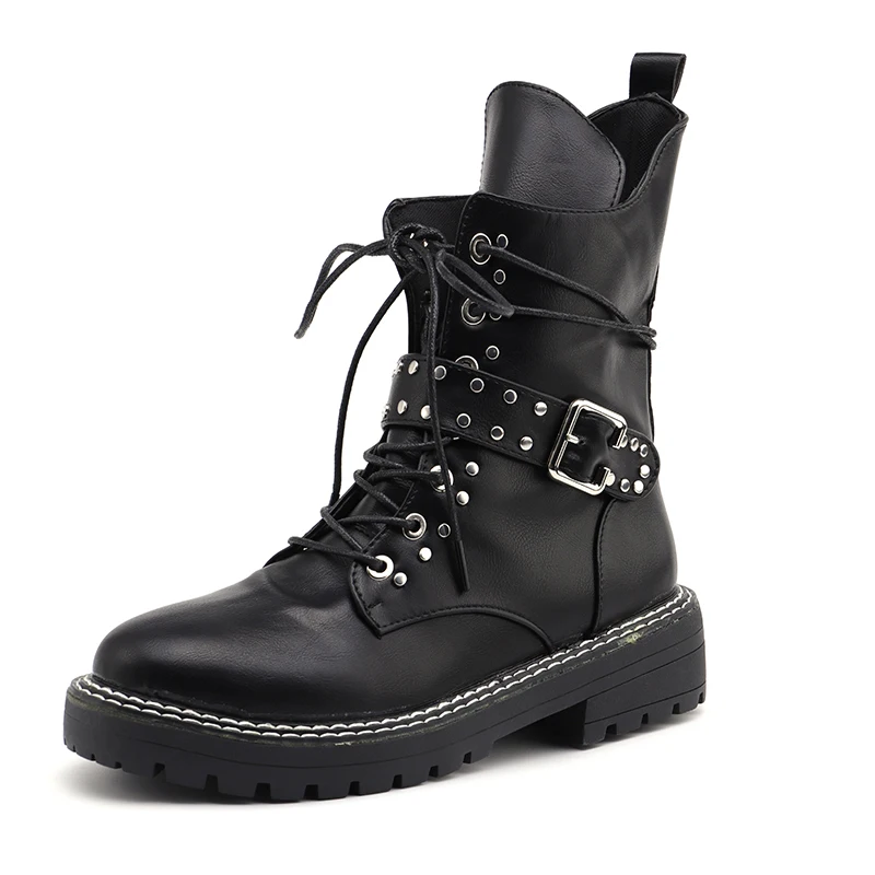 Ботильоны для женщин черная кожаная обувь с заклепками мотоциклетные ботинки в