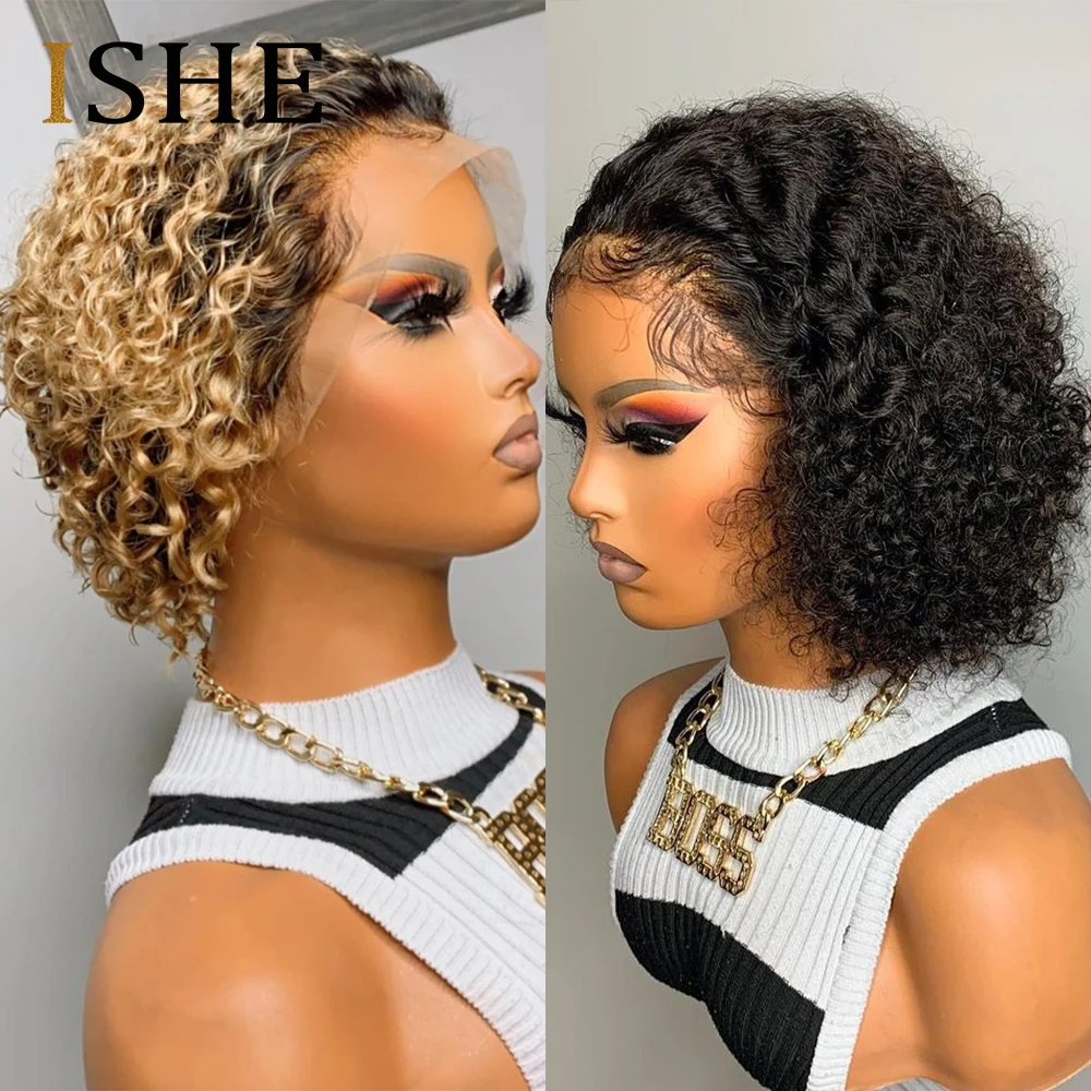 Парик блонд с короткой стрижкой Пикси Т-образные человеческие волосы на шнурке