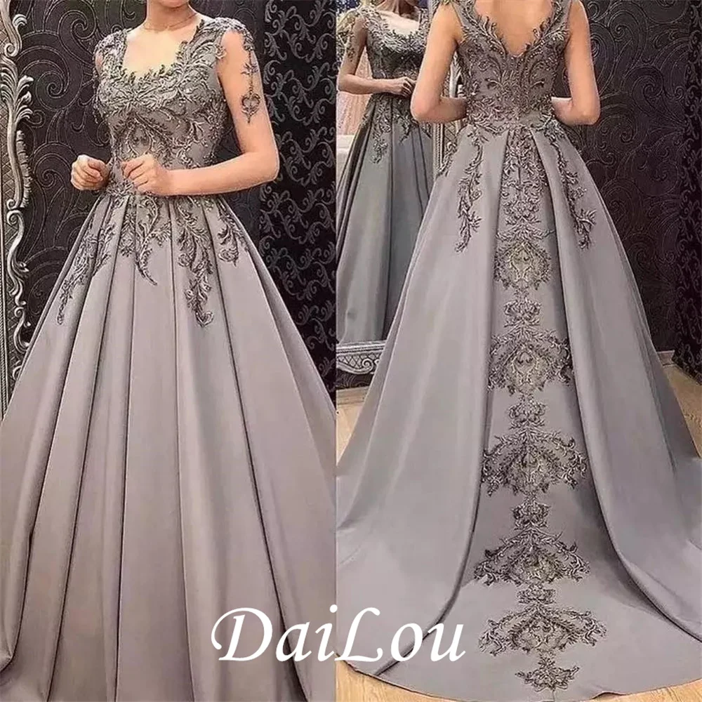 

Full Sleeve Grey Satin Evening Dress Scoop Appliques Formal Party Saudi Arabric Dubai Vestidos de Fiesta Vintage 2021