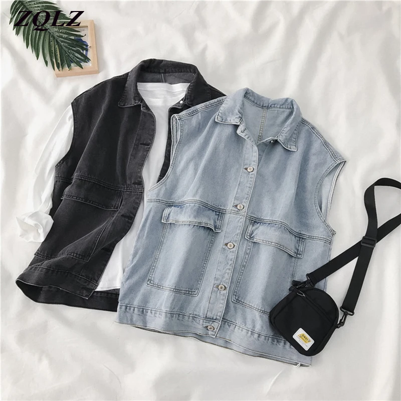 Женский джинсовый жилет ZQLZ Свободный Повседневный винтажный черного цвета без