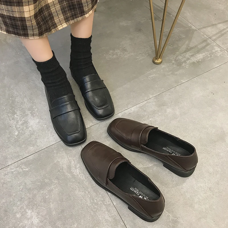 

Korean Shoes Oxfords Women's Slip-on Shallow Mouth Female Footwear Black Flats Soft Casual Sneaker Square Toe All-Match British