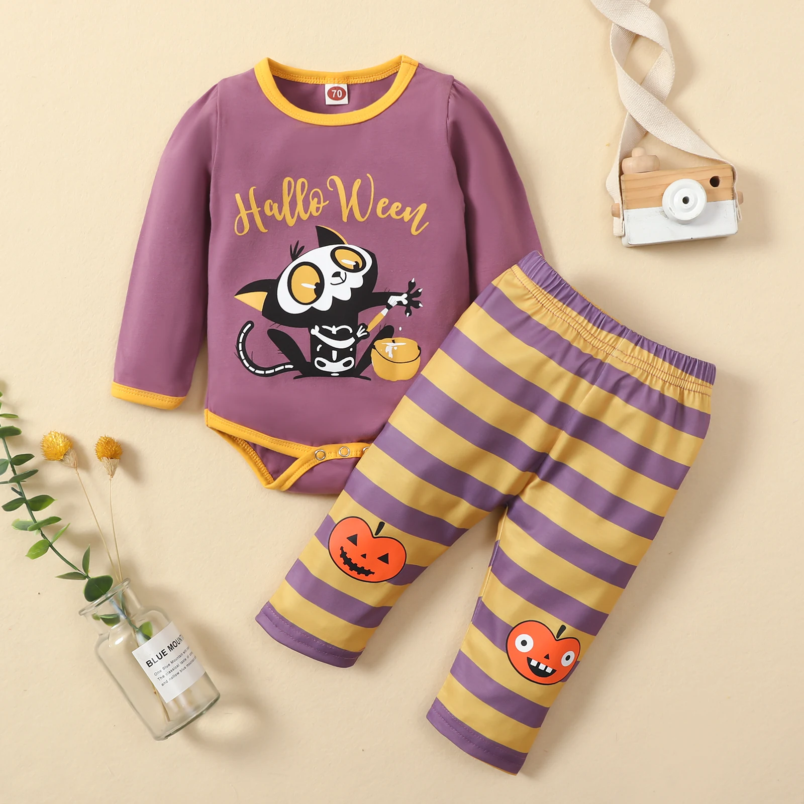 

2Pcs Baby’s Sets Letter Cartoon Printed Long Sleeves Romper Stripe Elastic Trousers Toddler Girls Boys Spring Autumn Clothing