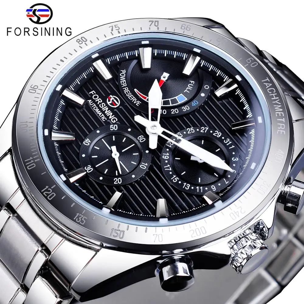 Forsining Power Reserve Design Men Automatic Mechanical Watch Black Silver Stainless Steel Date Waterproof Watch Luminous Clock