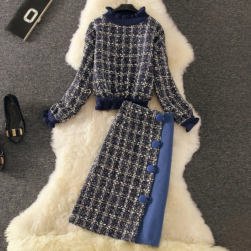 

Runway Fall Winter Elegant Plaid Women's Tweed Woolen Tops Pullover Jumpers + High Waist Knit Patchwork Skirt 2 Pieces Sets Suit