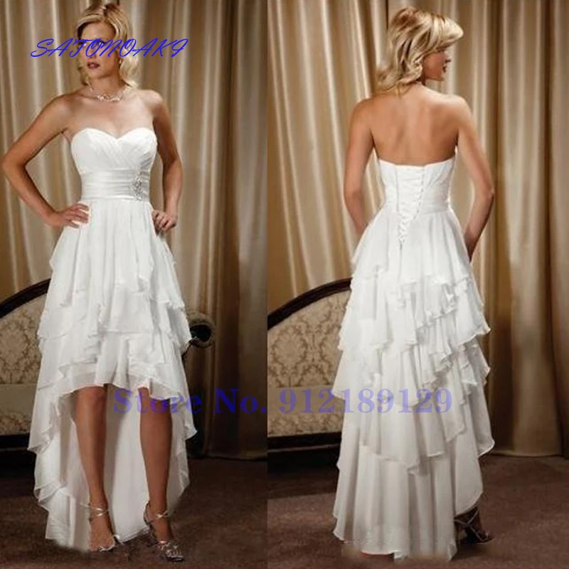 

Vestidos De Novia Vintage Beach Chiffon Wedding Dresses High Low Lace-up Corset Tiered Skirt Country Sleeveless Bridal Gowns