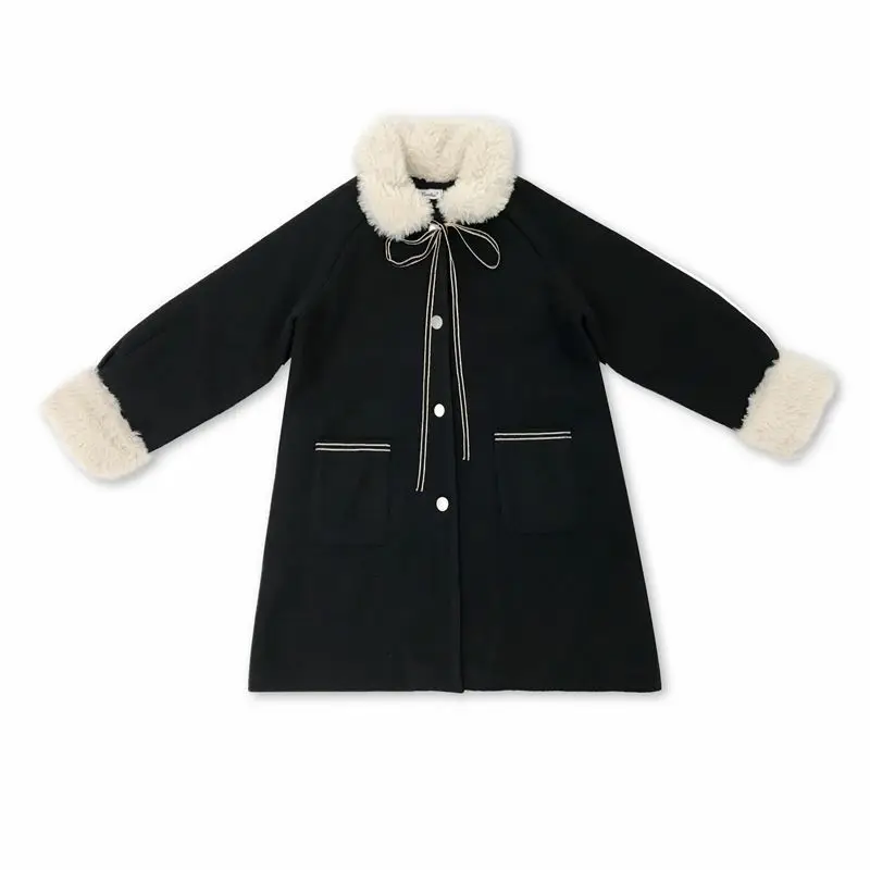 

College style lamb wool thickened tweed jacket women's new mid long woolen collar winter coat