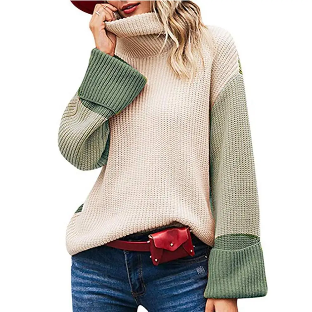 

2021 Casual Women Knitting Turtleneck Sweater Elegant Loose Patchwork Long Sleeve Streetwear Ladies Sweater Top Blusas Mujer