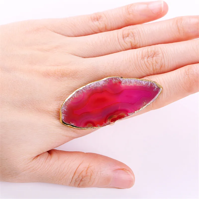Розовый 1 шт. кольцо с кулон Agates Druzy Агаты кольцо для женщин натуральный разрез кольцо с палитрой Сердолик боковое открытие Золотое кольцо для агатов аксессуары - Цвет основного камня: Розовый