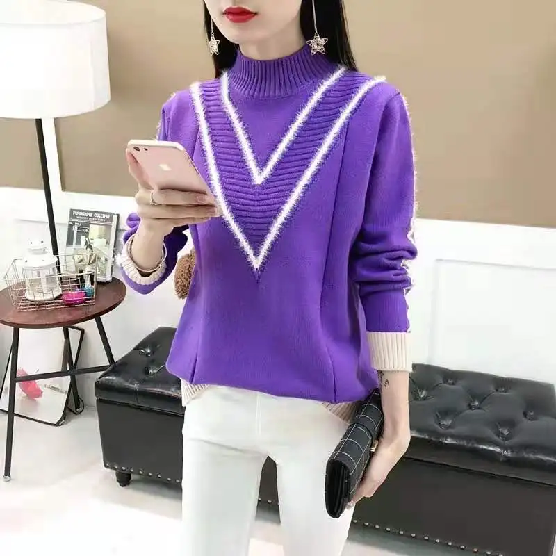 2021 Autumn And Winter New Korean Version Of The Loose Half-neck Sweater Women's Fashion Color Matching Short Tide | Женская одежда