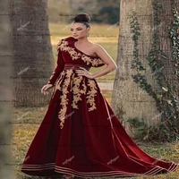 stunning burgundy aline evening dresses one shoulder golden appliques robe de soiree celebrity prom wedding party gown